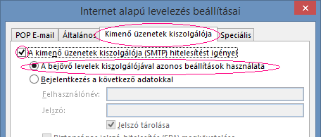 Outlook: SMTP hitelesítés bekapcsolása