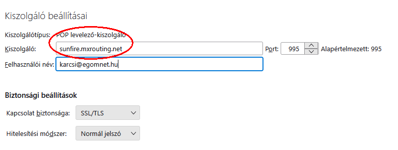 Thunderbird: POP kiszolgáló beállításai mail.egomnet.hu