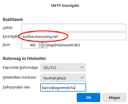 Thunderbird: SMTP kiszolgáló beállításai